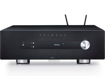 Primare SPA25 black home theater amplifier, front panel, aluminum buttons, blue display, WiFi antennas, sleek design