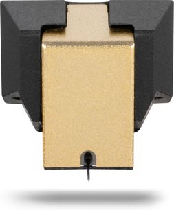 Přenoska pro gramofon Mofi Electronics UltraGold MC černá a zlatá, pohled zepředu s viditelným hrotem