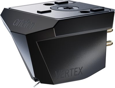 Black Ortofon MC Vertex phono cartridge, angular housing with gold-plated pins, three-quarter view