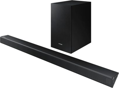 Samsung HW-R530 sort soundbar med separat baskabin, set forfra og fra siden på hvid baggrund