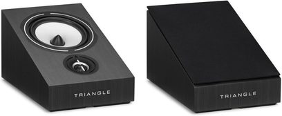 Coluna Triangle Borea BRA1 preta, vista superior e frontal, forma trapezoidal, alto-falante circular no centro, logotipo Triangle na frente