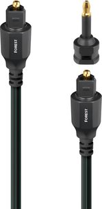 Cablu digital optic Audioquest Forest 0,75 m, teacă de plastic neagră cu dungi verzi, conectoare Toslink și mini-Toslink negre cu vârfuri aurite și inscripția „FOREST”, vedere frontală în prim-plan