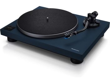 Blue Technics SL-40CBT turntable, three-quarter view, with black platter and black tonearm
