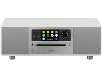 Radio Sonoro Prestige blanc brillant - argent, vue de face, écran couleur affichant "Smart Radio", boutons et haut-parleurs