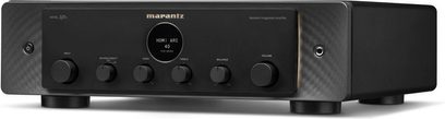 Marantz Model 40n zwarte hi-fi stereo-versterker, vooraanzicht, 6 draaiknoppen, 1 lcd-scherm, zwarte voorkant en behuizing