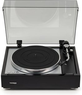 Giradischi Thorens TD 1600 TP160 nero, vista frontale, coperchio trasparente sollevato, piatto circolare argentato, braccio di lettura a destra