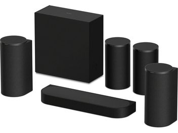 Sony Bravia Theatre Trio + SR -musta kokonaisuus, jossa soundbar, subwoofer ja neljä sylinterimäistä kaiutinta