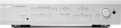 Convertitore audio DAC Musical Fidelity M6x DAC argento con pannello frontale rettangolare, pulsanti circolari e scritte nere