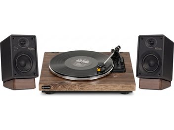 Vinylový set Rekord v dřevěném provedení s černou deskou a dvěma černými regálovými reproduktory