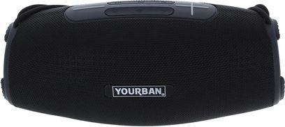 Přenosný reproduktor Yourban Getone 45, pohled shora, válcový tvar, černá látka, šedé ovládací tlačítka, logo Yourban