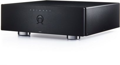Amplificatore di potenza Primare A35.2 nero, vista frontale, cassa rettangolare nera opaca, logo argentato, facciata minimalista