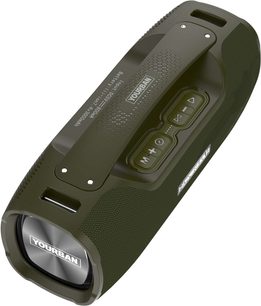Cassa bluetooth Yourban Getone 70 verde, vista in prospettiva, pulsanti di controllo visibili, superficie testurizzata, logo sul lato