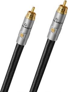 Kabel til subwoofer Oehlbach Sub Xtreme 4,4 m sort med flettet kappe, grå RCA hanstik i aluminium med guldbelagte kontakter, close-up visning