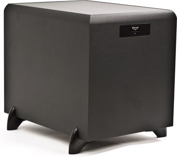 Must kuupkujuline Klipsch SW-450 bassikõlar, matt must värv, must võre, hõbedane logo, läikivad kolmnurksed jalad