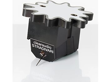 Černá gramofonová přenoska ClearAudio Stradivari v2, pohled shora v perspektivě, raménko ve tvaru stříbrné hvězdy