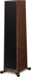 Paradigm Founder 100F floorstanding speaker in walnut finish, front view, dark wood cabinet, removable black grille on the front
