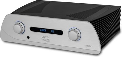 Atoll PR400 Signature stereo esivahvistin, hopea, harjattu alumiinietulevy, säätimet, sininen näyttö, kuvattu edestä