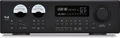 Audio převodník T+A DAC 200 černý, pohled zepředu se dvěma VU metry, středovým displejem a velkým ovladačem