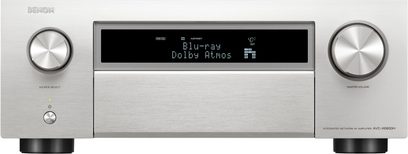 Denon AVC-X6800H sølv hjemmekinoforsterker, front, børstet aluminiumspanel, skjerm, dreieknapper
