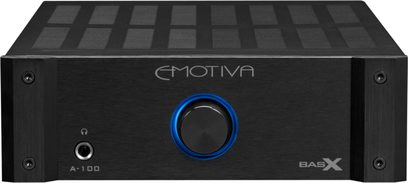 Emotiva BASX A-100 sort hi-fi stereoforstærker set forfra, blå drejeknap, 8 jackstik