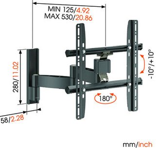 Vægmonteret TV-beslag med dobbelt svingarm, sort, minimums- og maksimumdimensioner i mm og tommer, 180° rotation