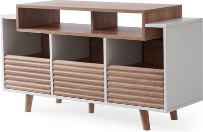Møbel og oppbevaring for vinylspiller Norstone Design Oslo 1200 hvit/lys eik, rektangulær struktur, 4 skråstilte ben, 3 nedre rom med fronter i rillet tre, 2 åpne øvre hyller, glatt finish