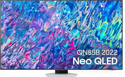 Televizor Samsung QE55QN85B 2022 Neo QLED zobrazující abstraktní barevný obraz v modrých, růžových a žlutých tónech