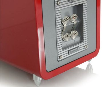Diffusore da pavimento Tangent Clarity 8 rosso, primo piano frontale sui terminali di connessione per i cavi degli altoparlanti