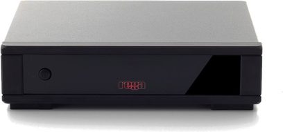 Rega Fono MM MK5 black phono preamp, front view, flat rectangular metal casing with black front panel and red logo