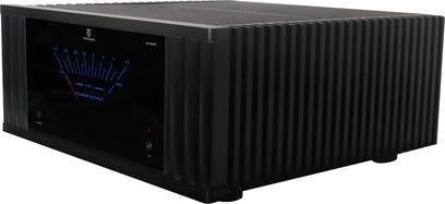Hi-fi effektforstærker Tonewinner AD2500 PRO sort, front med blå VU-meter og sider med køleribber