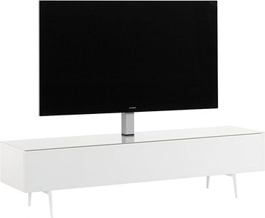 Sonorous STA361 balta audio ir vaizdo spintelė, stačiakampis lakuoto MDF korpusas su grūdinto stiklo viršumi, keturios plonos derančios kojelės ir centrinis pilkas metalinis TV laikiklis, vaizdas iš priekio