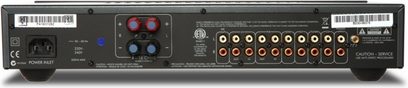 Arcam FMJ-A18 sølvfarvet stereo hi-fi-forstærker, bagside, audio- og strømstik, justeringskontroller