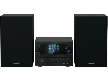 Melna Kenwood M-7100S Hi-Fi minisistēma ar centrālo krāsu ekrānu un diviem pieskaņotiem skaļruņiem pretskatā