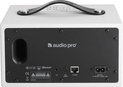 Trådløs tilkoblet høyttaler Audio Pro ADDON C3 hvit, forfra, med tilkoblinger og kontroller på bakpanelet