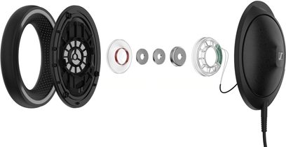Cuffie hi-fi chiuse Sennheiser HD 620S in vista esplosa che mostra i componenti interni allineati orizzontalmente