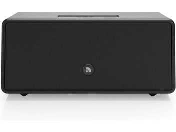 Enceinte connectée Audio Pro Drumfire D-2 W noire, vue de face, avec grille perforée et logo central