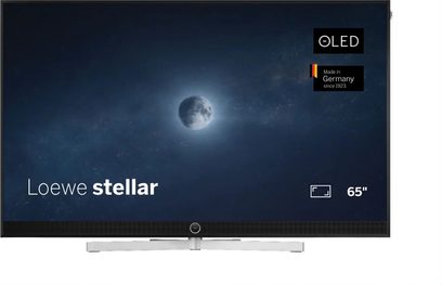 Τηλεόραση Loewe Stellar 65 DR+ μαύρη, επίπεδη οθόνη 65 ιντσών σε ασημί βάση, μπροστινή όψη