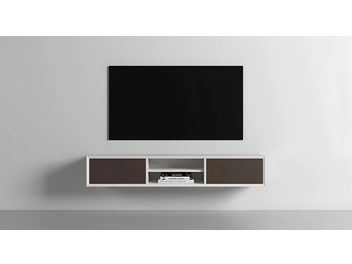 Sieninė garso ir vaizdo spintelė Clic Classic Series modelis 1531, baltas rėmas, rudos audinio durelės, centrinė niša, vaizdas iš priekio