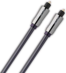 To QED Performance Optical grafit optiske kabler på 1 m, guldbelagte stik, grå kappe, set forfra på hvid baggrund