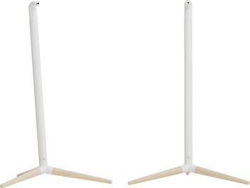 Pieds d’enceinte Monitor Audio Radius Floor Stand 4G blancs, tige fine et base tripode claire, vue de face et profil
