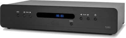 Atoll Electronique TU80 Signature sort tuner, frontpanel med blå skærm, knapper og stik, set forfra