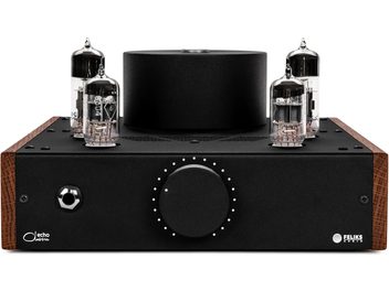 Feliks Audio Echo Classic sort high-fidelity hovedtelefonforforstærker med rør, forfra set med central drejeknap og træsider