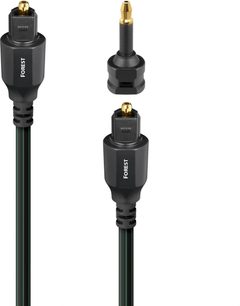Optisk digitalkabel Audioquest Forest optisk 3 m svart i PVC-mantel med dubbla gröna band, två Toslink-kontakter i svart plast med förgyllda spetsar samt en mini-Toslink-adapter, framifrån
