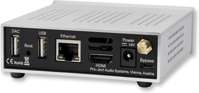 Netværkslydafspiller Stream Box S2 Ultra, bagsidevisning, rektangulært sølvfarvet kabinet, USB-, Ethernet-, HDMI-stik, 18V strømforsyning, bypass, sorte fødder