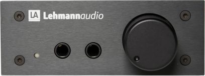 Lehmann Audio Linear D MKII sort hovedtelefonforforstærker, børstet aluminiumsfront med to hovedtelefonstik og stort drejehjul