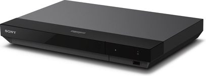 Sony UBP-X700K 4K Blu-ray-spiller svart rektangulær med blank front, synlige knapper og USB-port, trekvart forfra visning