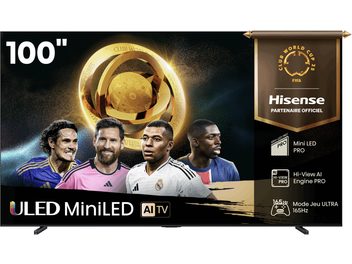 Televisore Hisense 100U7Q PRO, schermo in vetro da 100 pollici, cornice nera sottile, vista frontale, visualizzazione partita di calcio, piedi laterali