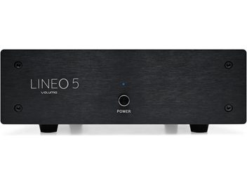 Alimentation séparée pour électronique HI-FI Volumio Lineo5, vue frontale, boîtier rectangulaire noir, bouton central, 4 vis