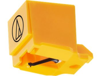 Puntina per testina giradischi Audio Technica ATN91 gialla, corpo in plastica, puntina nera a vista, logo laterale, vista di profilo
