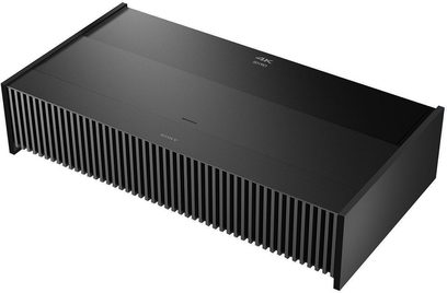Sony VPL-VZ1000ES sort videoprojektor, set ovenfra, forfra med gitter, rektangulært forlænget kabinet, køleribber